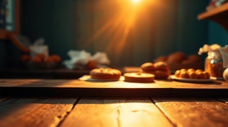 Warm light illuminates a rustic wooden table with freshly baked pastries and bread, creating a cozy and inviting atmosphere.の素材