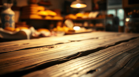 Rustic wooden table in a bakery setting. Warm lighting and blurred background of baked goods create a cozy atmosphere.の素材