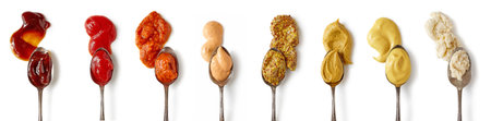 Set of different sauces with spoons isolated on white background