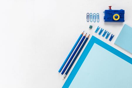creative office work tools on white background, on top view. paper, pencils, paper clips,の写真素材