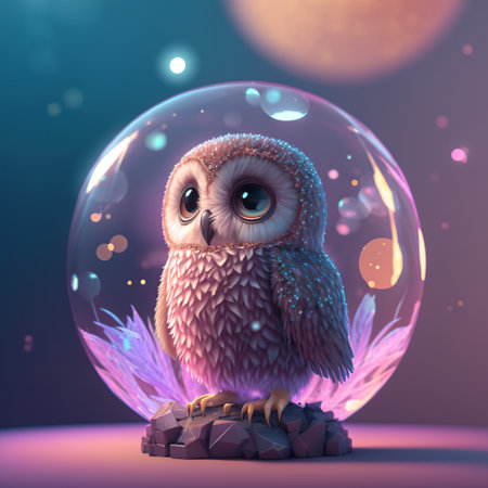 Cute baby owl portrait with blurred background. 3d rendering. Generative AI illustrations.の素材