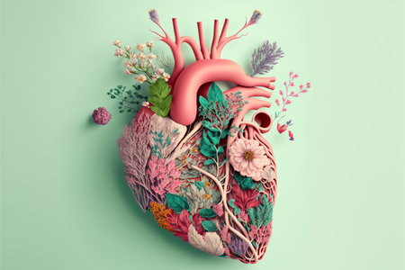 Heart made of fresh flowers on light green background. Generative AI illustrations.の素材