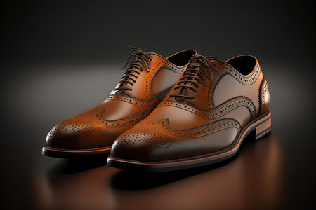 Leather upper formal male shoes, realistic 3D render, isolated on dark background. Generative AI illustration.の素材