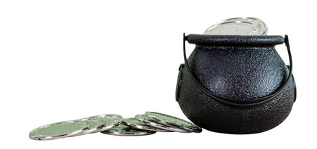 Leprechaun's pot with coins on white background. St. Patrick's Day celebration.