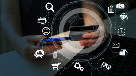Technology e-commerce commercial. Online digital payment and shopping on network connection.の写真素材