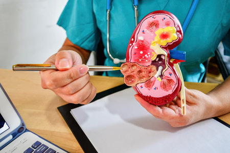 Doctor hold human kidney model, show kidney. Healthcare concept.の写真素材