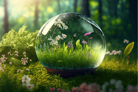 Green globe glass in nature forest. Generative AI illustration.の素材