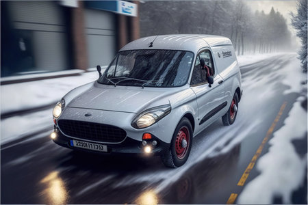White car and winter snow road, winter day. Generative AI illustrations.の素材