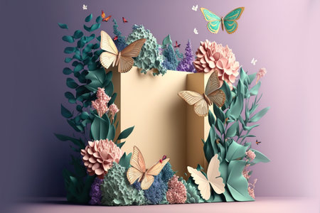 Spring product podium with flowers. Generative AI illustration.の素材