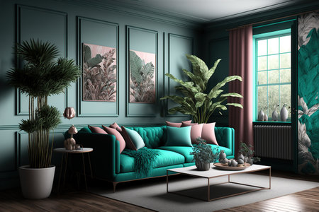 Modern interior furniture, in green. Generative AI illustration.の素材