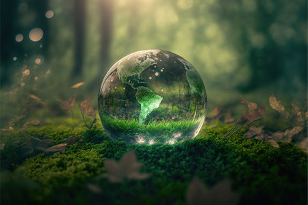 Globe planet glass In green forest with bokeh nature lights. Generative AI illustration.の素材