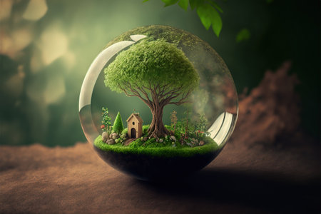 World environment and earth day concept with glass globe and eco friendly environment. Generative AI illustration.の素材