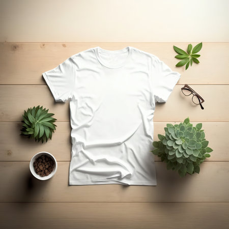 Template blank shirt top view on white wooden background. Generative AI illustration.の素材