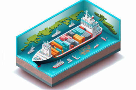 Isometric view of a cargo vessel, on white background. Generative AI illustration.の素材