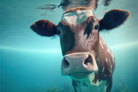 A cow underwater, front view. Save water together. Generative AI illustration.の素材