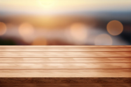 Empty wood table top and blurred background. Generative AI illustration.の素材