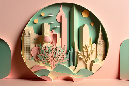 Modern city stunning layered paper cut style pastel color. Generative AI illustration.の素材