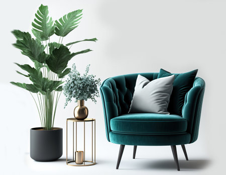 Armchair and green plant in a pot isolated on white background. Generative AI illustration.の素材