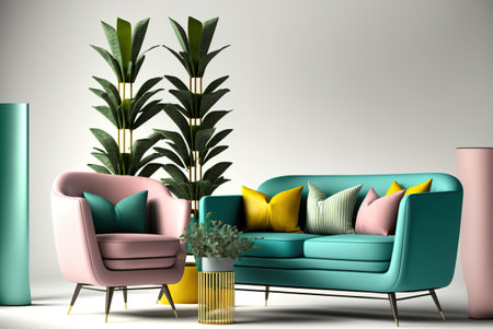 Interior decoration set, on plane background. Generative AI illustration.の素材