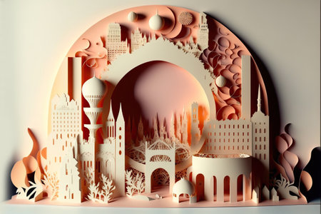 Modern city stunning layered paper cut style pastel color. Generative AI illustration.の素材
