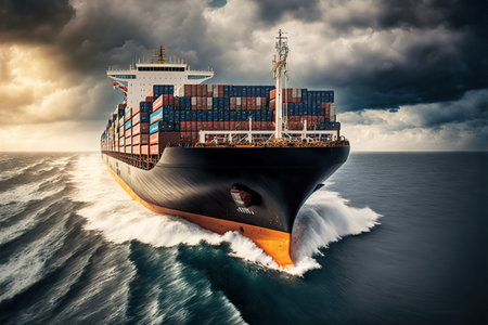 cargo ship in the middle of the sea. Generative AI illustration.の素材