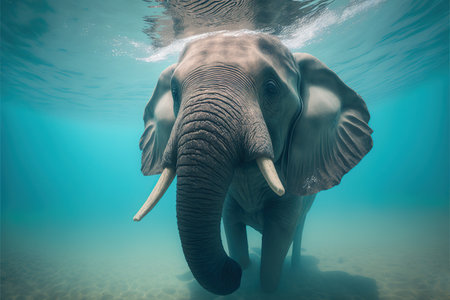 Big elephant in lake with reflections on water surface. Generative AI illustration.の素材