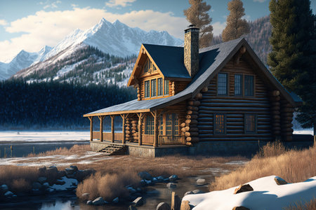 Wooden log cabin with snowy gable roof, at the base of the mountains. Concept of tourism. Generative AI illustration.の素材