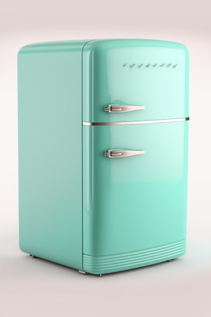 Retro turquoise fridge refrigerator, 3D render style, isolated on white background. Generative AI illustration.の素材