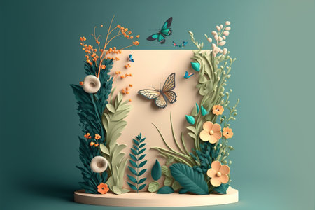 Spring product podium with flowers. Generative AI illustration.の素材