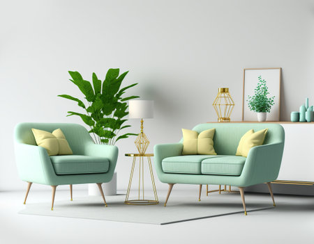 Interior decoration set, on plane background. Generative AI illustration.の素材