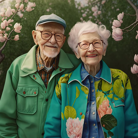 Senior caucasian couple taking selfie, at park, spring time. Generative AI illustration.の素材