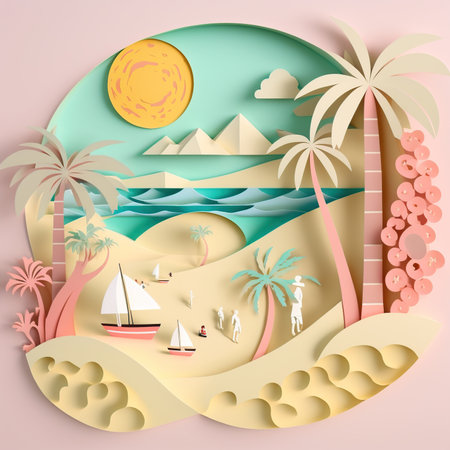 Summer beach stunning leyered paper cut style. Generative AI illustration.の素材