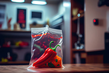 Transparent plastic bag with red pepper on table. Generative AI illustration.の素材