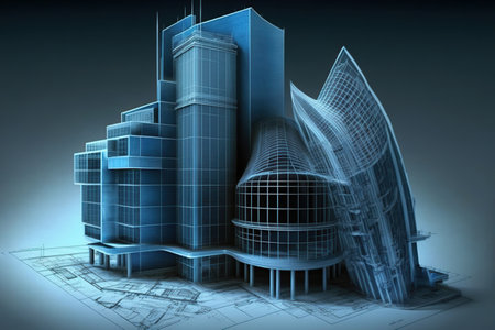 3D buildings emerging form architectural drawings. Generative AI illustration.の素材