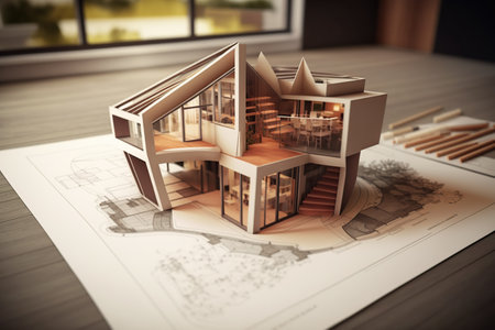 3D buildings emerging form architectural drawings. Generative AI illustration.の素材