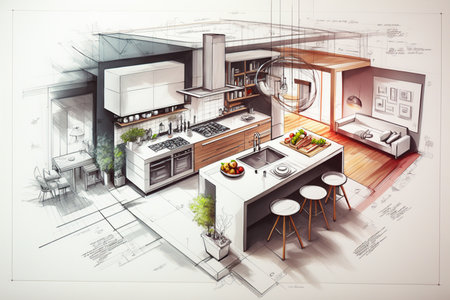 Kitchen interior plans emerging from architectural draw. Generative AI illustration.の素材