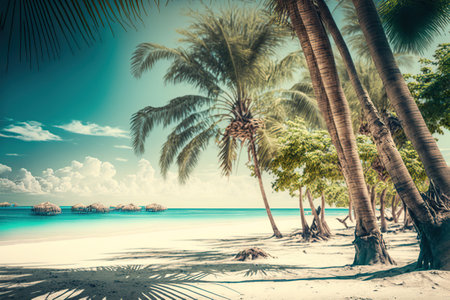 Tropical beach with palm trees. Generative AI illustration.の素材