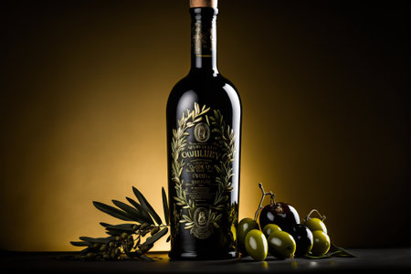 Bottle of olive oil with olives at the table. Generative AI illustration.の素材
