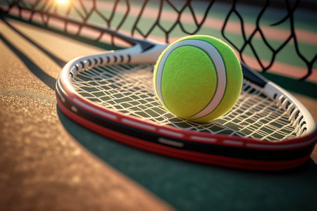 Close up of tennis racket and ball in pitch. Generative AI illustration.の素材