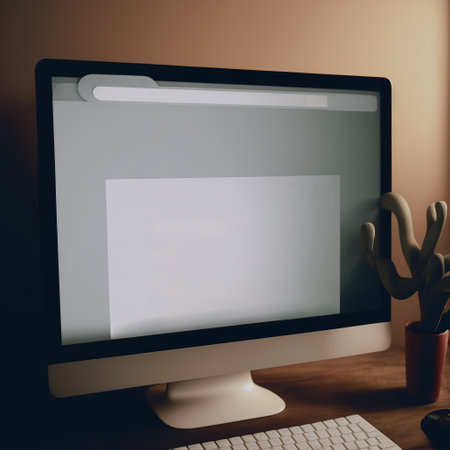 Computer blank screen on wooden desk. Generative AI illustration.の素材