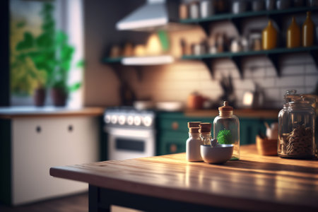 desk space in kitchen room background. Generative AI illustration.の素材