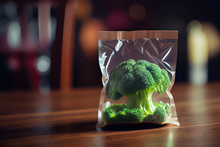 Plastic bag with broccoli on table top, in kitchen. Generative AI illustration.の素材