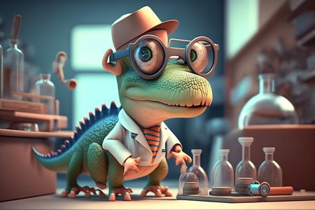 Cute dinosaur scientist in laboratory, isolated. Generative AI illustration.の素材
