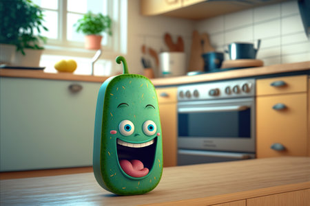 Cute Cartoon cucumber Character on table in blurred kitchen. Generative AI illustration.の素材