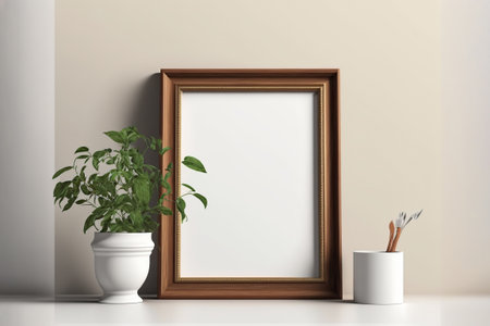Empty wooden frame, home decoration. Generative AI illustration.の素材