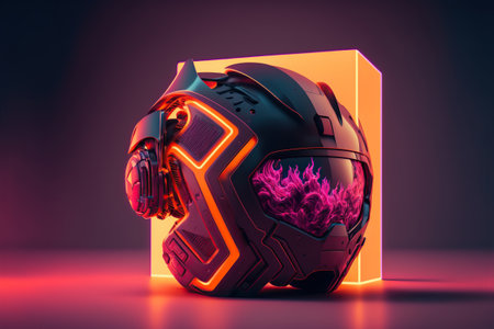 Futuristic VR helmet, isolated on neon light. Generative AI illustration.の素材