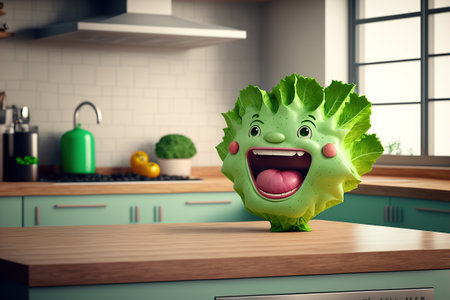Cute lettuce sweet smile in kitchen. Generative AI illustration.の素材