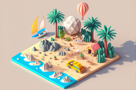 Summer beach stunning 3D isometric style. Generative AI illustration.の素材