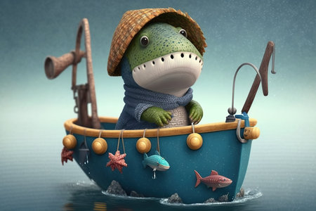Cute dinosaur fisherman in boat. Generative AI illustration.の素材
