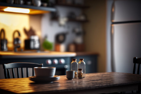 Table top and blurred kitchen room as background. Generative AI illustration.の素材